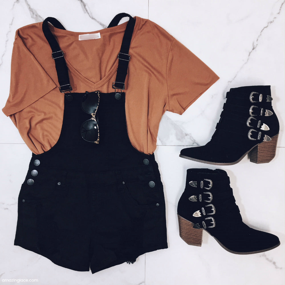 BLACK OVERALLS AND BOOTIES OUTFIT