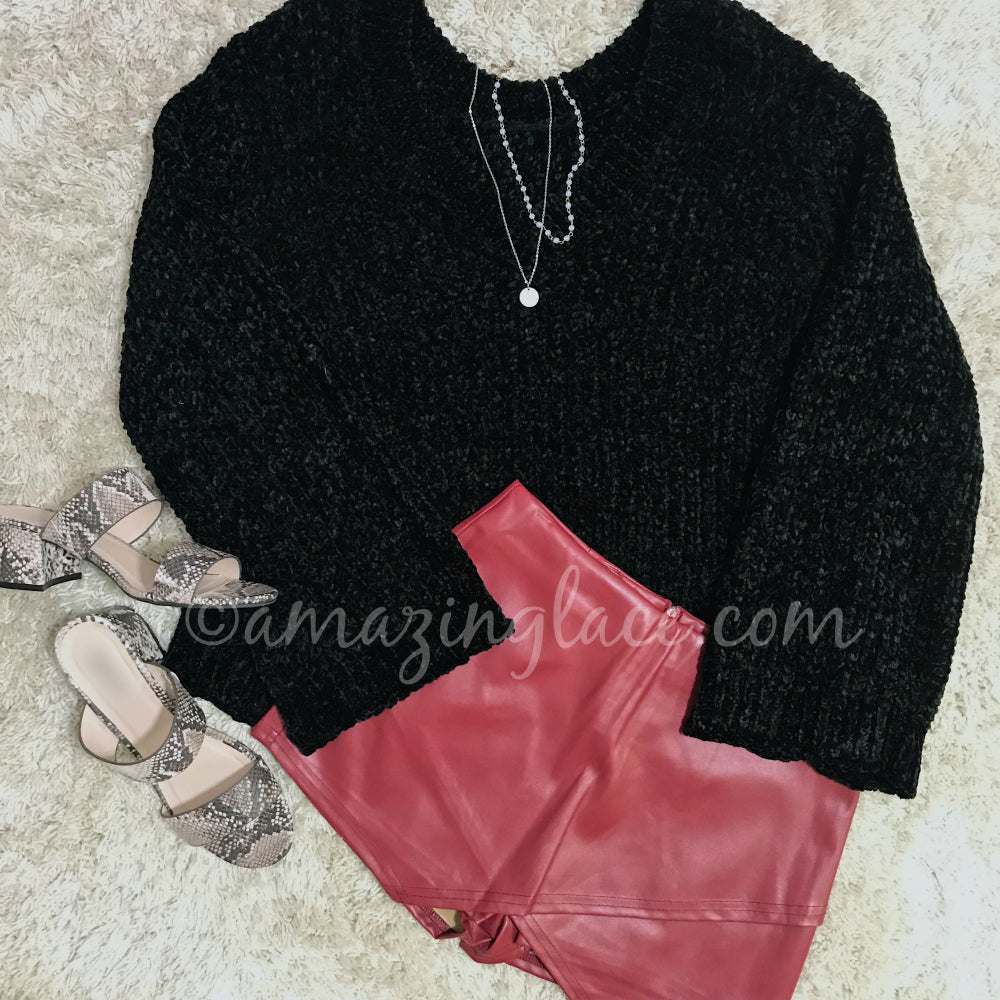BLACK CHENILLE SWEATER AND BURGUNDY SKORT OUTFIT