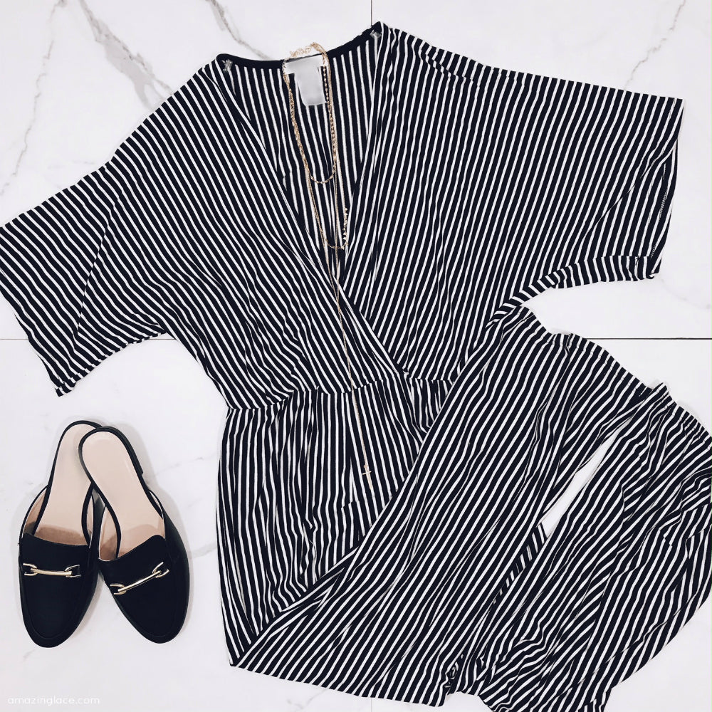 BLACK AND WHITE STRIPED JUMPSUIT AND MULES OUTFIT