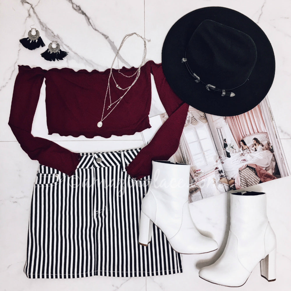 BURGUNDY TOP AND STRIPED SKIRT OUTFIT