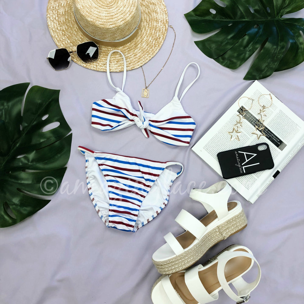 CHASER RED WHITE AND BLUE STRIPE SWIM OUTFIT