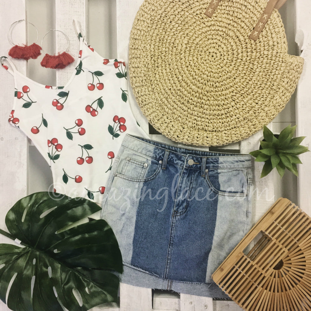 CHERRY BODYSUIT AND DENIM SKIRT OUTFIT