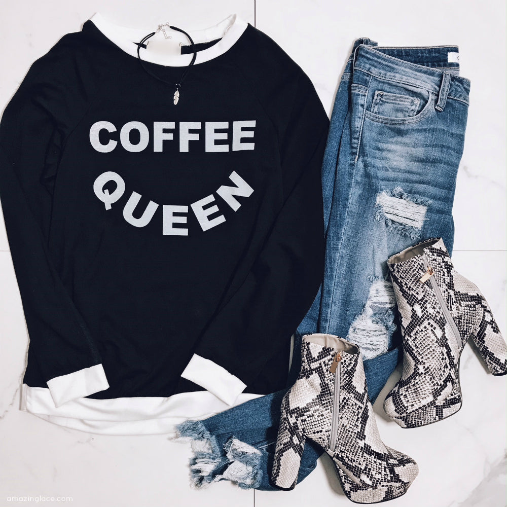 COFFEE QUEEN BLACK AND WHITE TOP WITH JEANS OUTFIT
