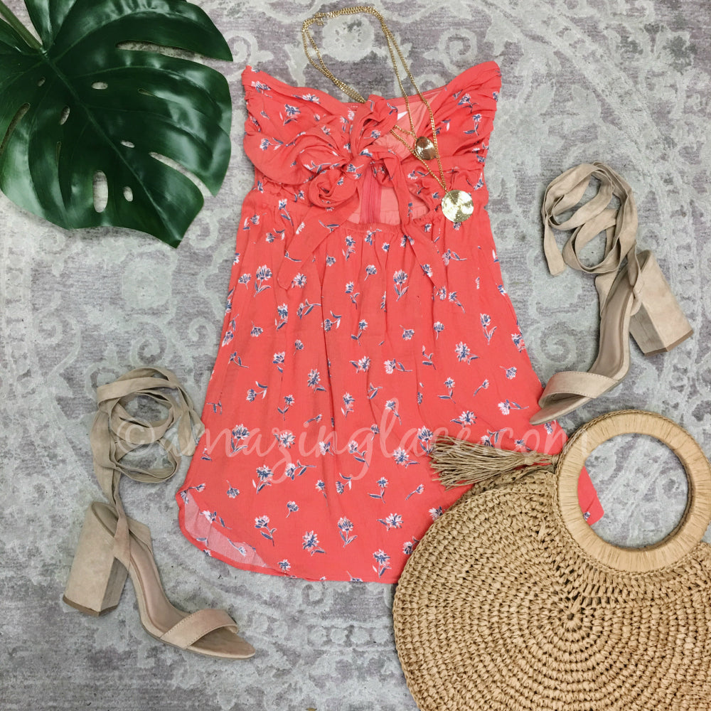 CORAL FLORAL DRESS AND NUDE HEELS OUTFIT
