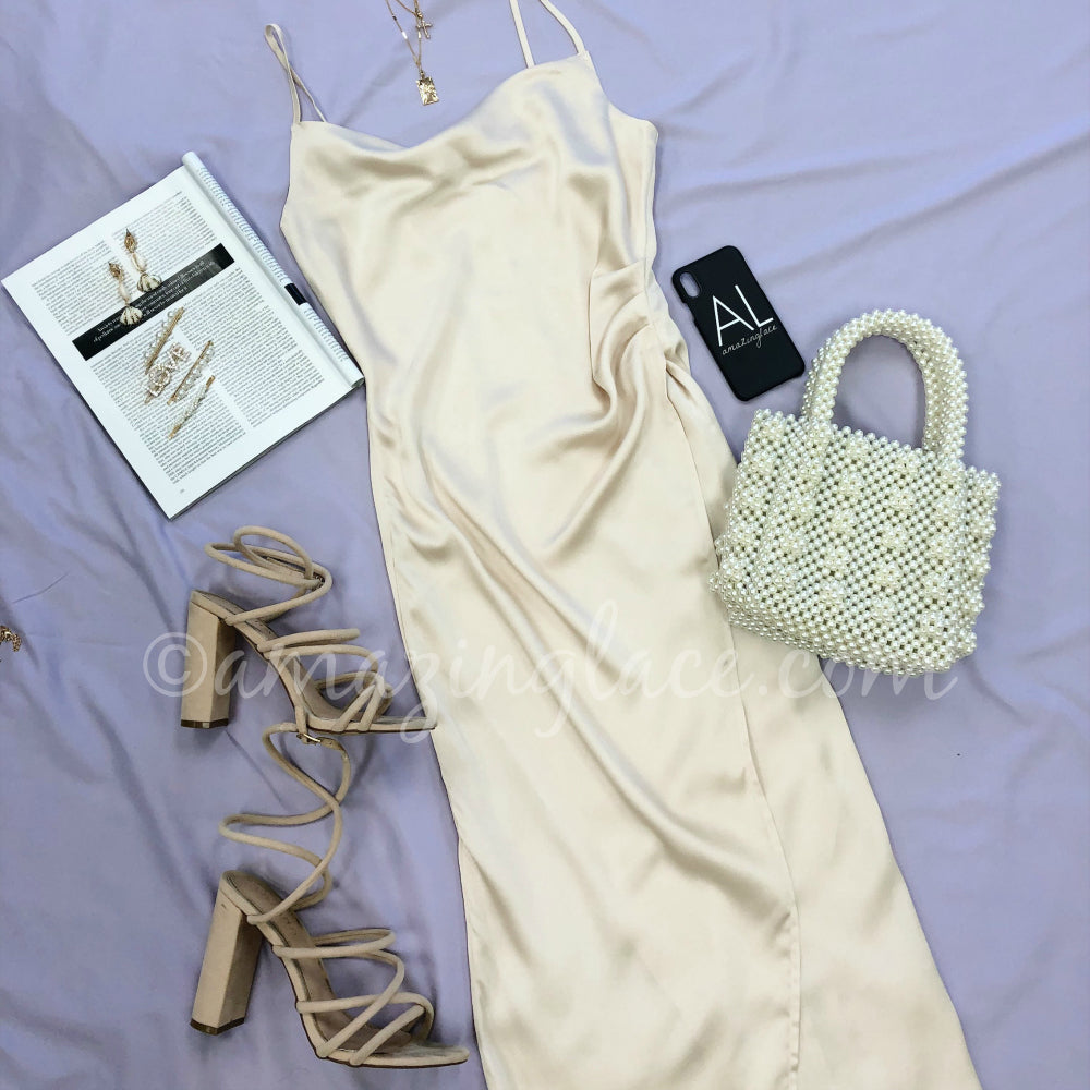CHAMPAGNE SATIN DRESS AND PEARL PURSE OUTFIT