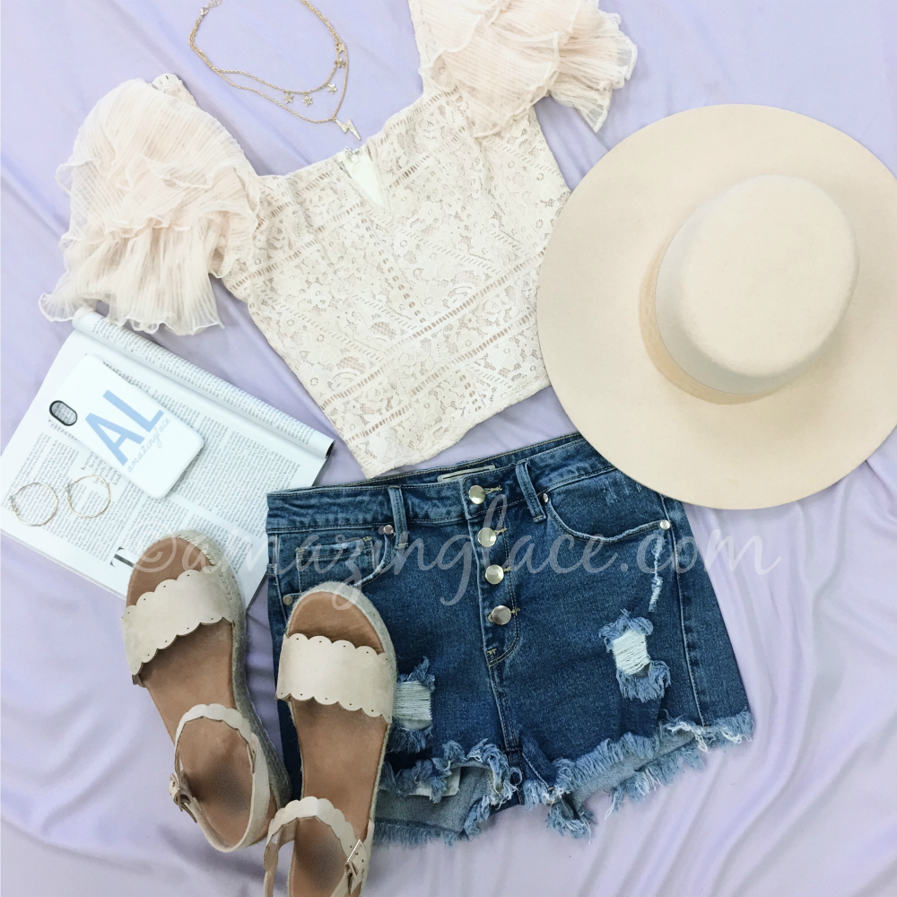 CREAM LACE TOP AND DENIM SHORTS OUTFIT