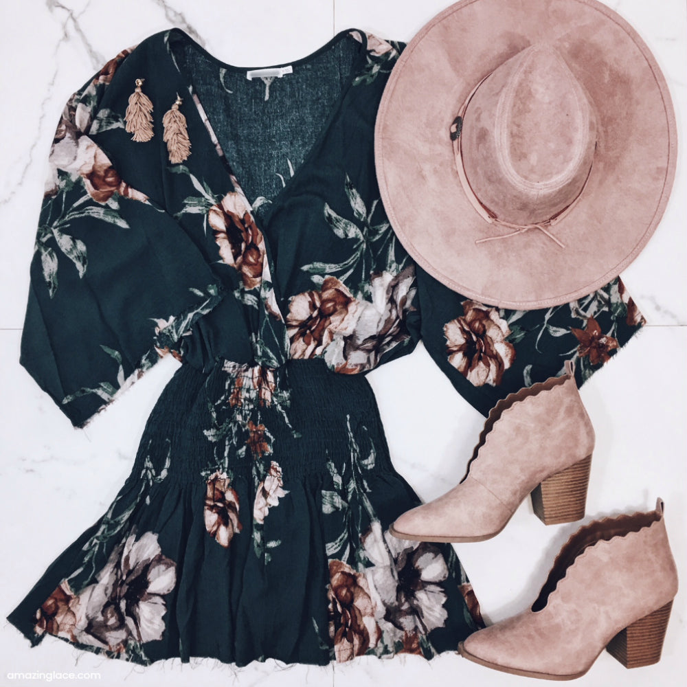 FLORAL MINI DRESS AND PINK HAT OUTFIT