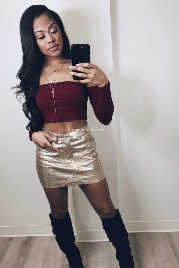 GOLD MINI SKIRT AND BURGUNDY CROP TOP OUTFIT