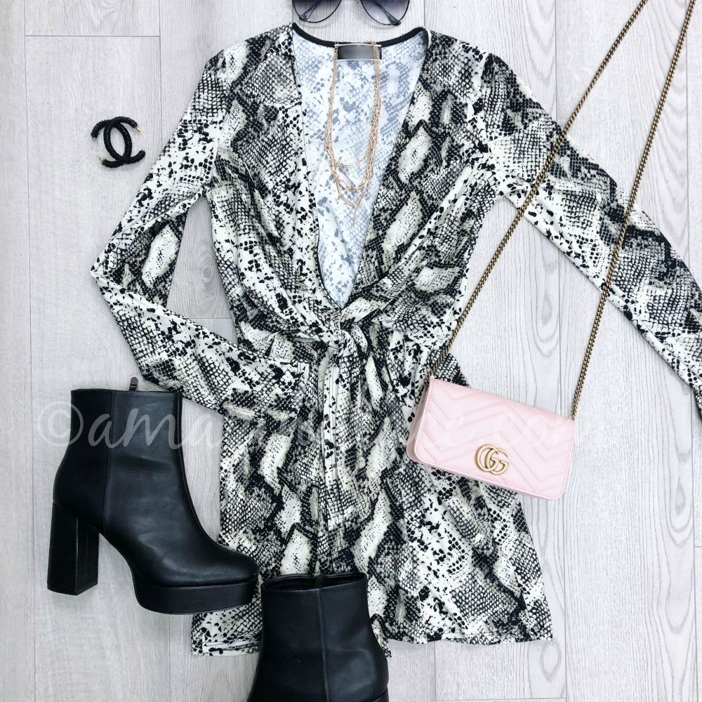 SNAKESKIN DRESS AND CHINESE LAUNDRY BOOTIES OUTFIT