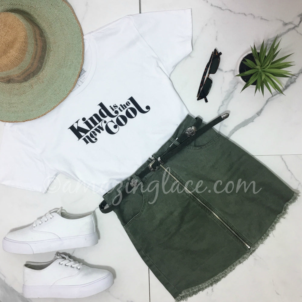 KIND IS THE NEW COOL TOP AND GREEN SKIRT OUTFIT