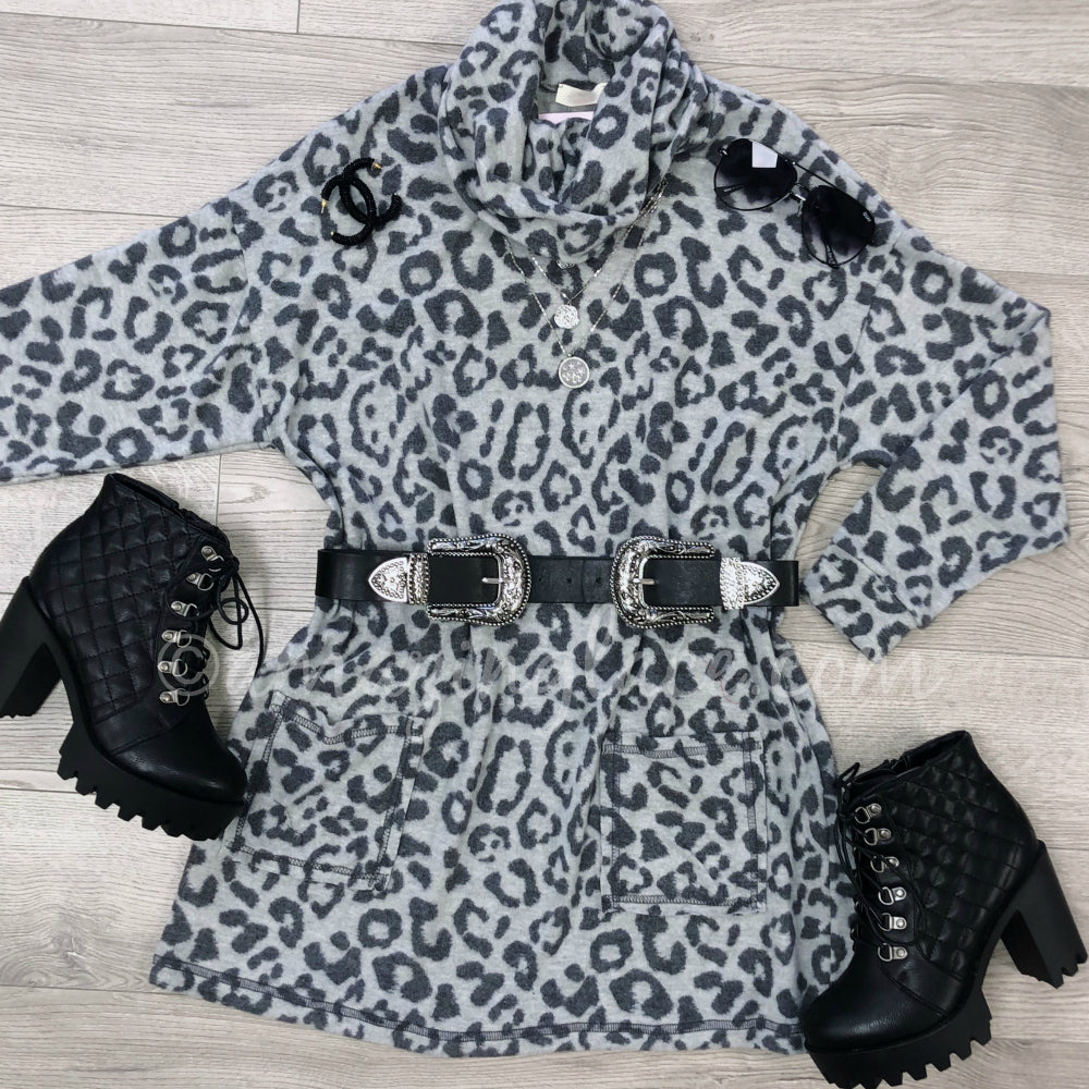 GRAY LEOPARD COWL NECK DRESS AND BOOTS OUTFIT