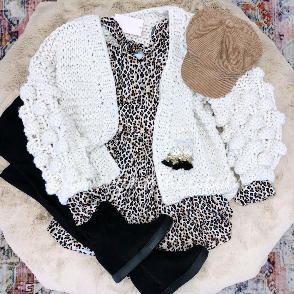 LEOPARD ROMPER AND CHUNKY CARDIGAN OUTFIT