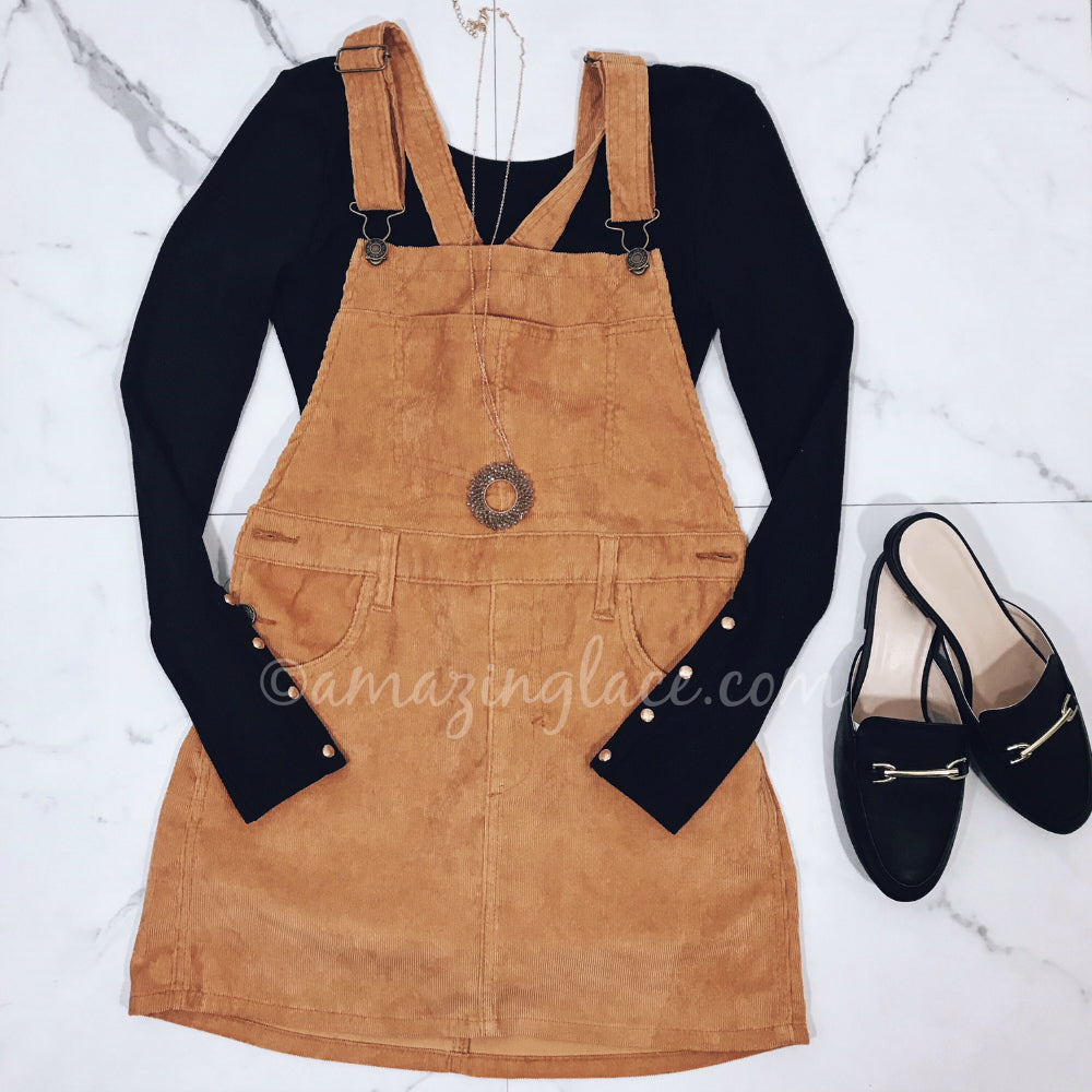 CORDUROY OVERALL DRESS AND LOAFERS OUTFIT