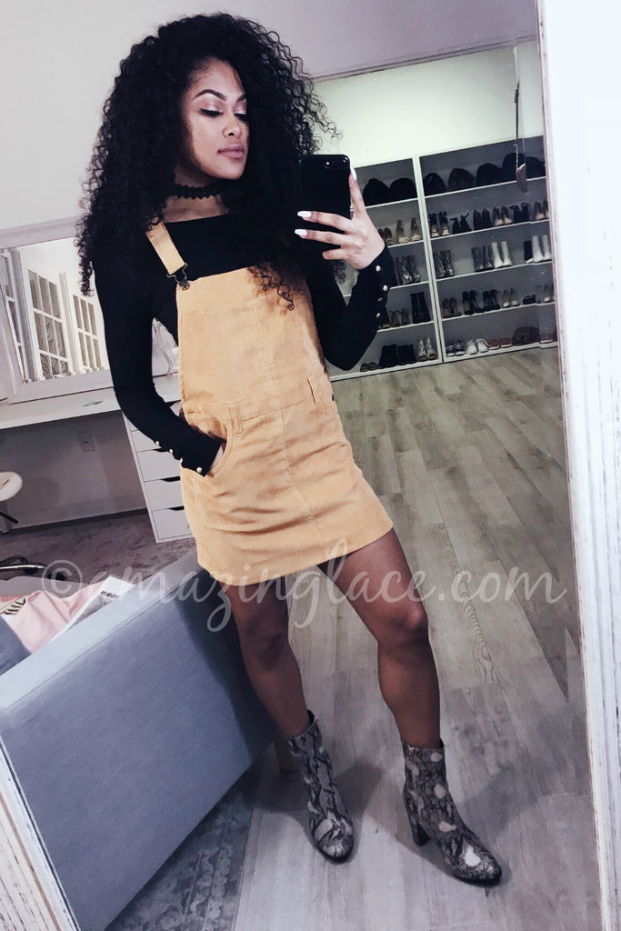 MUSTARD CORDUROY OVERALL DRESS AND BOOTS OUTFIT