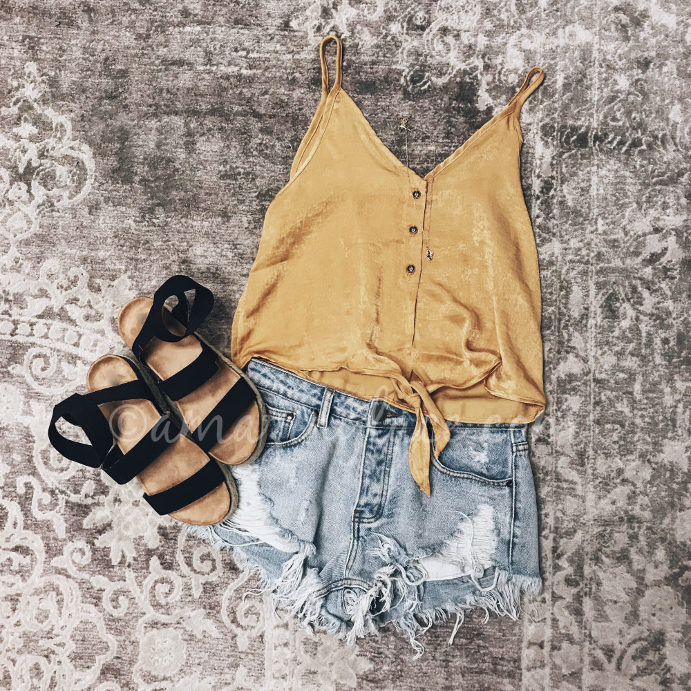 MUSTARD TIE TOP AND DENIM SHORTS OUTFIT