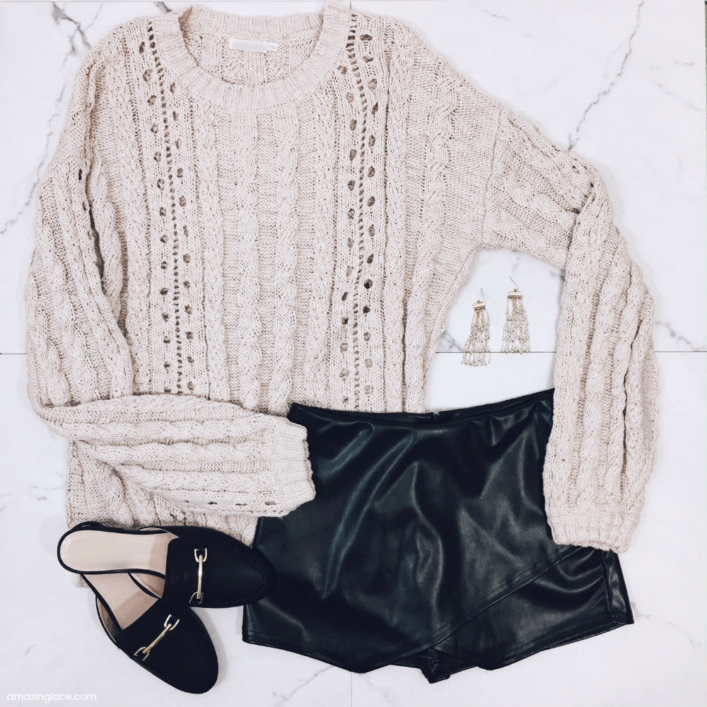NUDE SWEATER AND BLACK SKORT OUTFIT