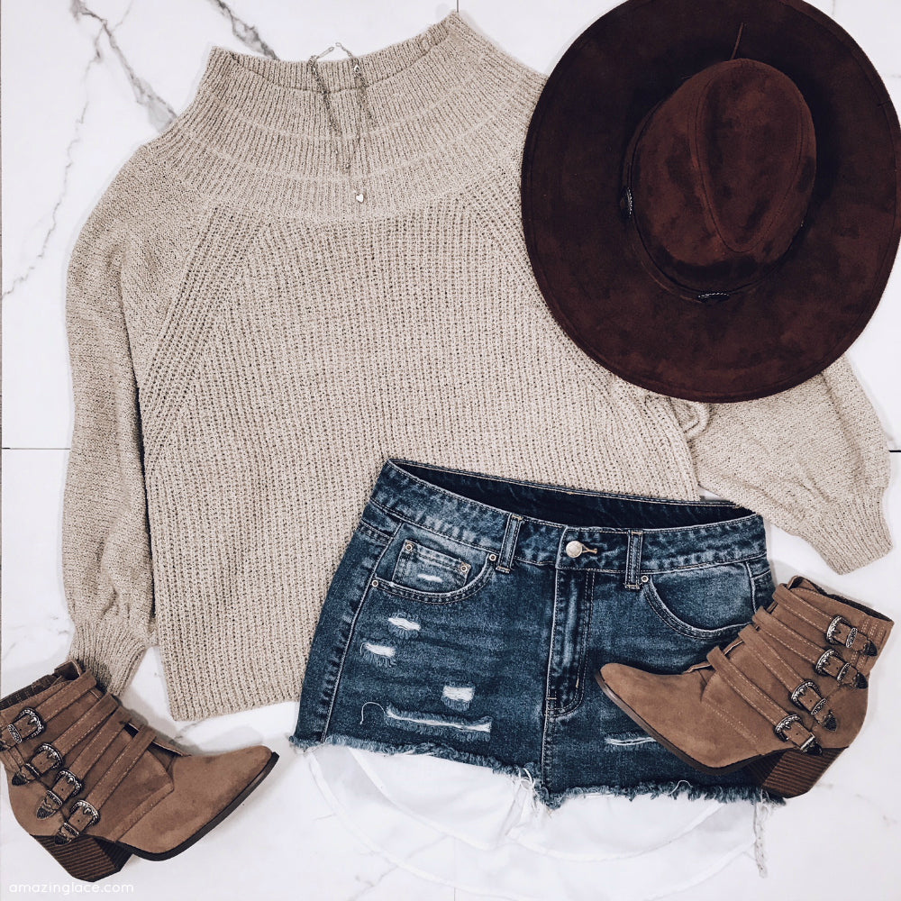 TAUPE SWEATER AND DENIM SKIRT OUTFIT