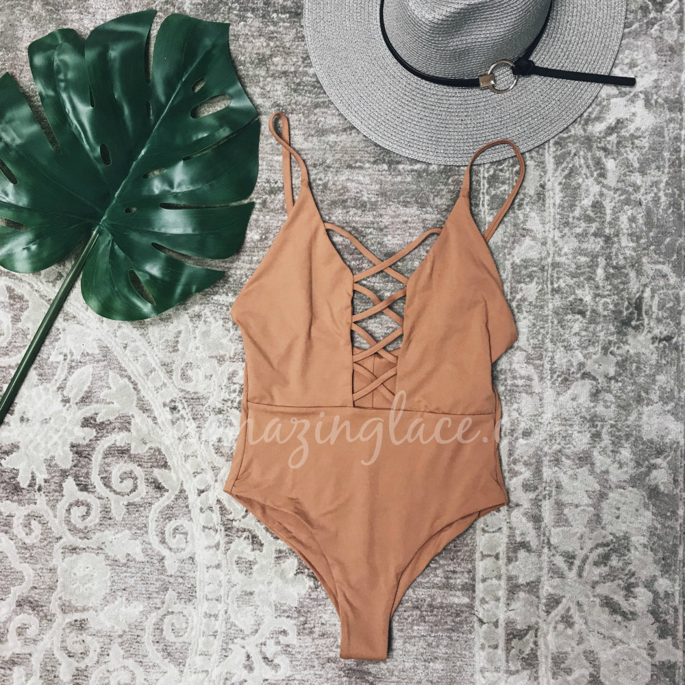 BROWN ONE PIECE SWIMSUIT AND HAT OUTFIT