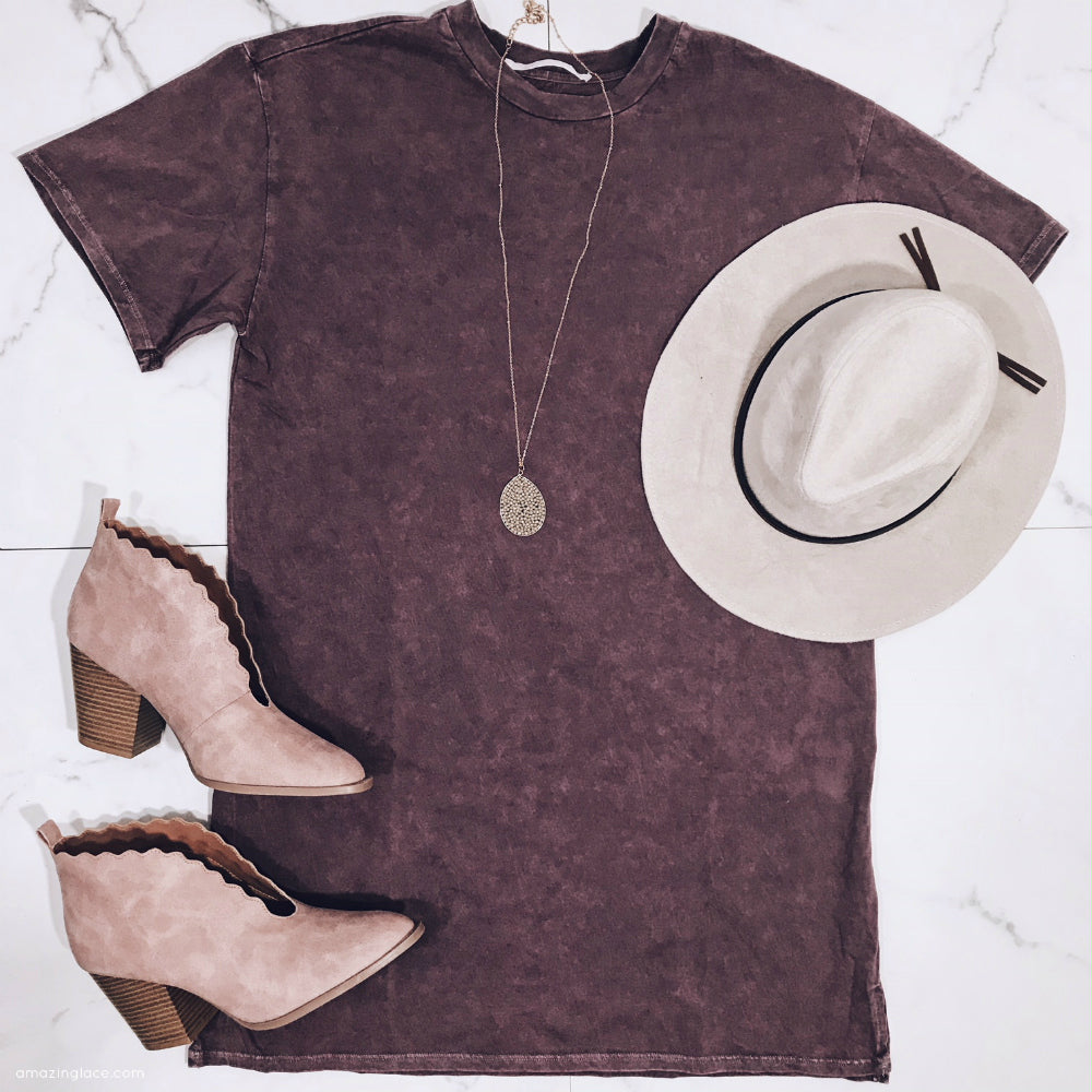 PURPLE SHIRT DRESS AND MAUVE BOOTIES OUTFIT
