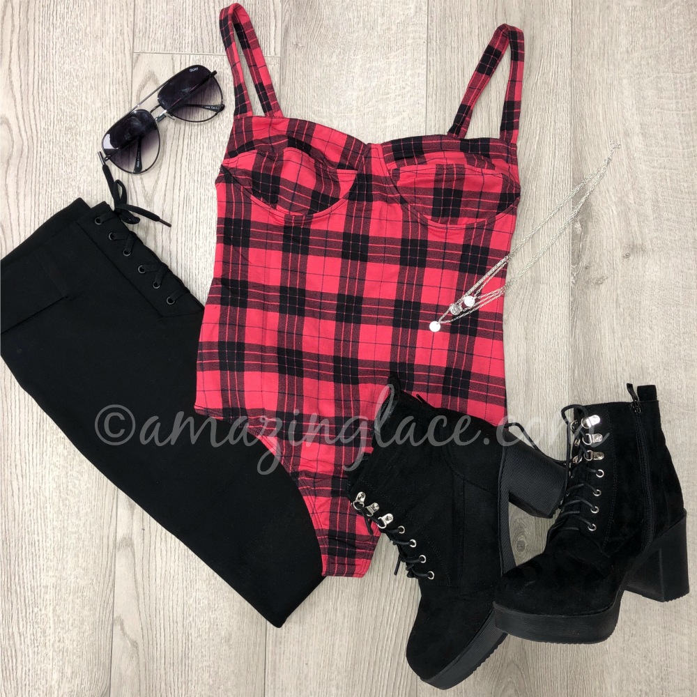 RED PLAID BODYSUIT AND BLACK BOOTS OUTFIT