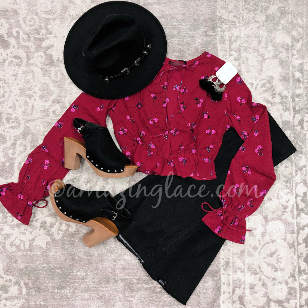 RED ROSE TOP AND BLACK FLARES OUTFIT