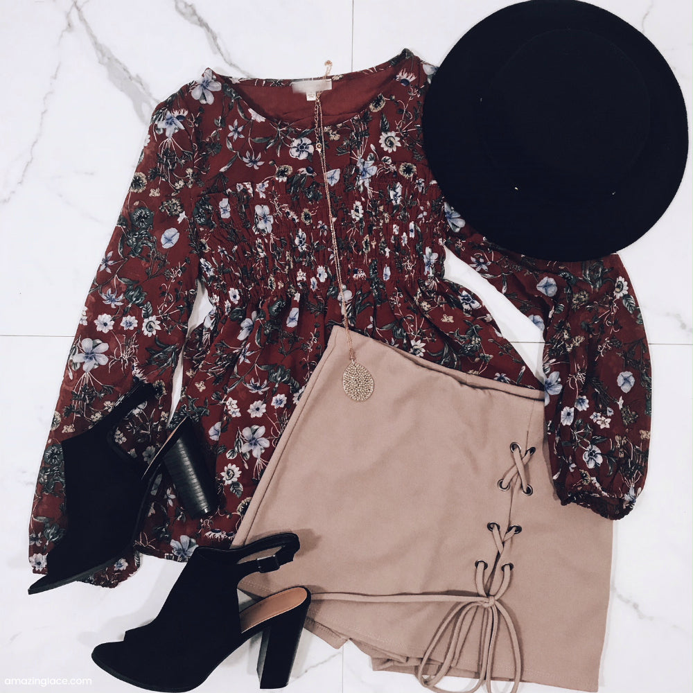 RUST FLORAL SMOCKED TOP AND SKORT OUTFIT