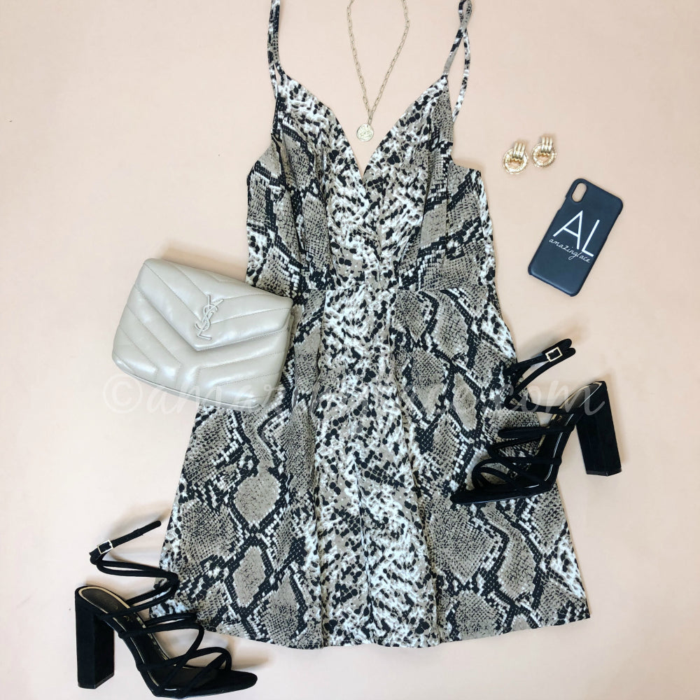 SNAKE DRESS AND BLACK STRAPPY HEELS OUTFIT