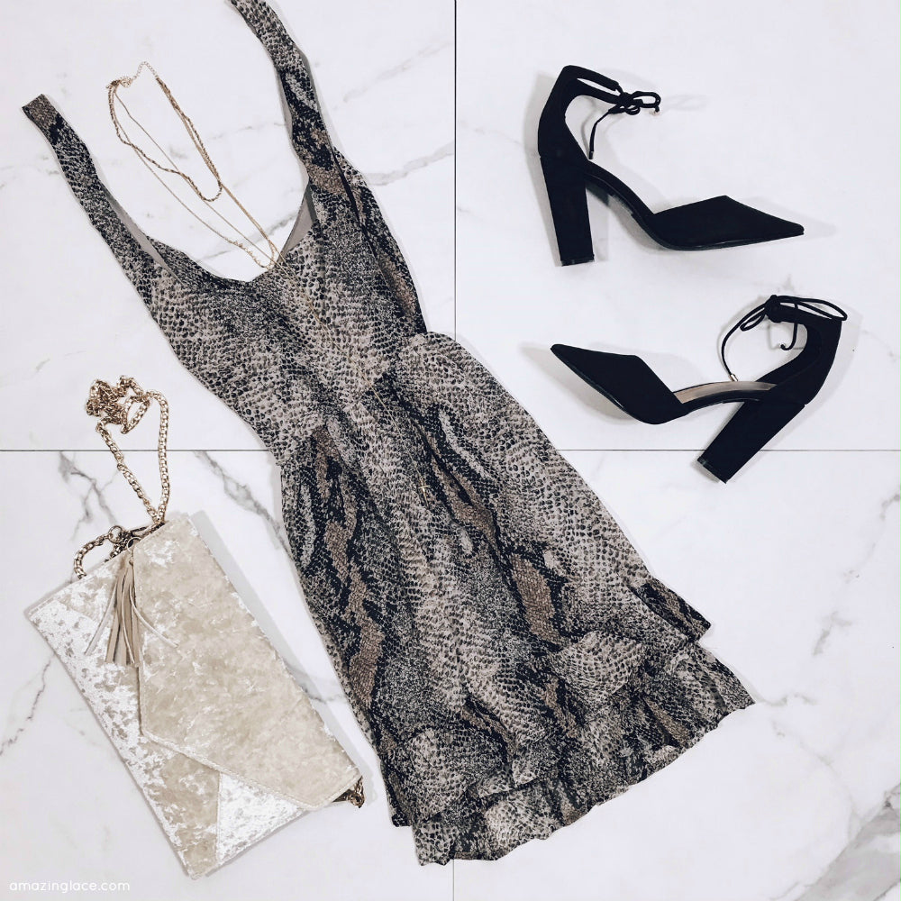 SNAKE SKIN SLEEVELESS DRESS AND HEELS OUTFIT