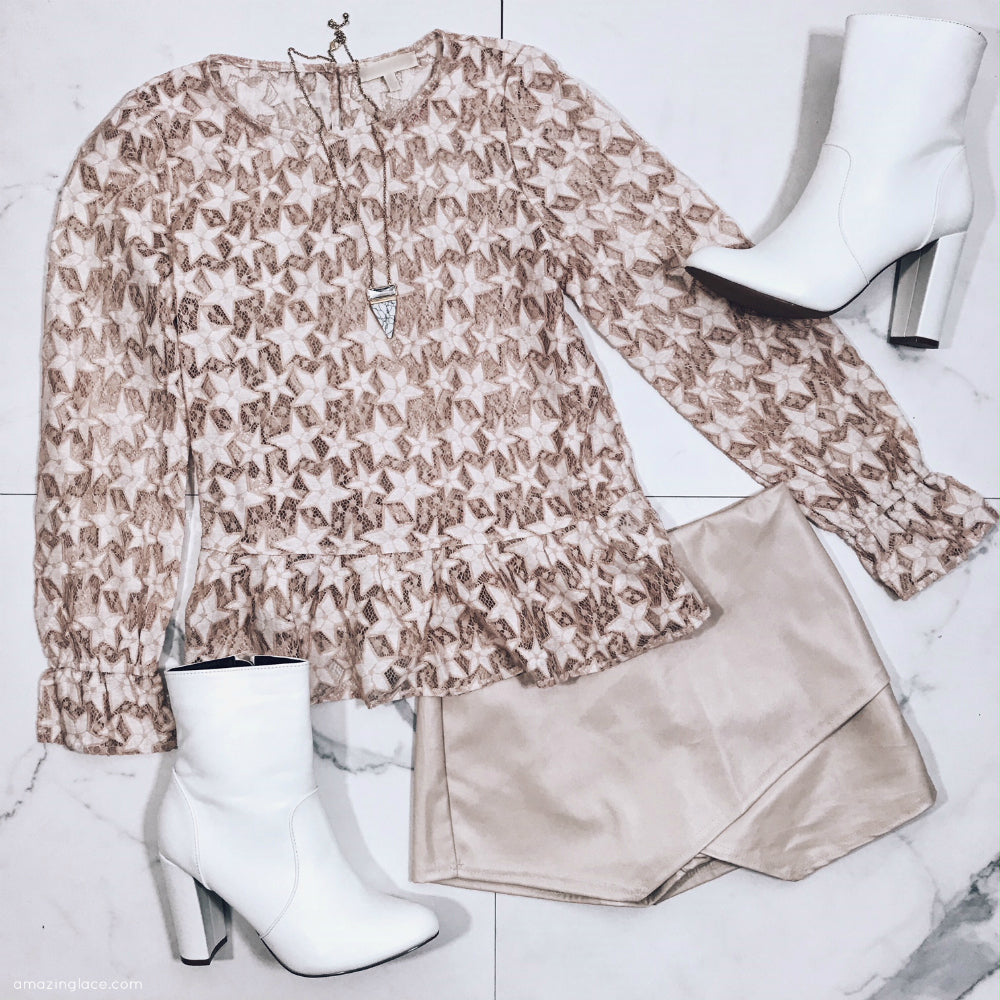 SHEER STAR TOP AND CREAM SKORT OUTFIT