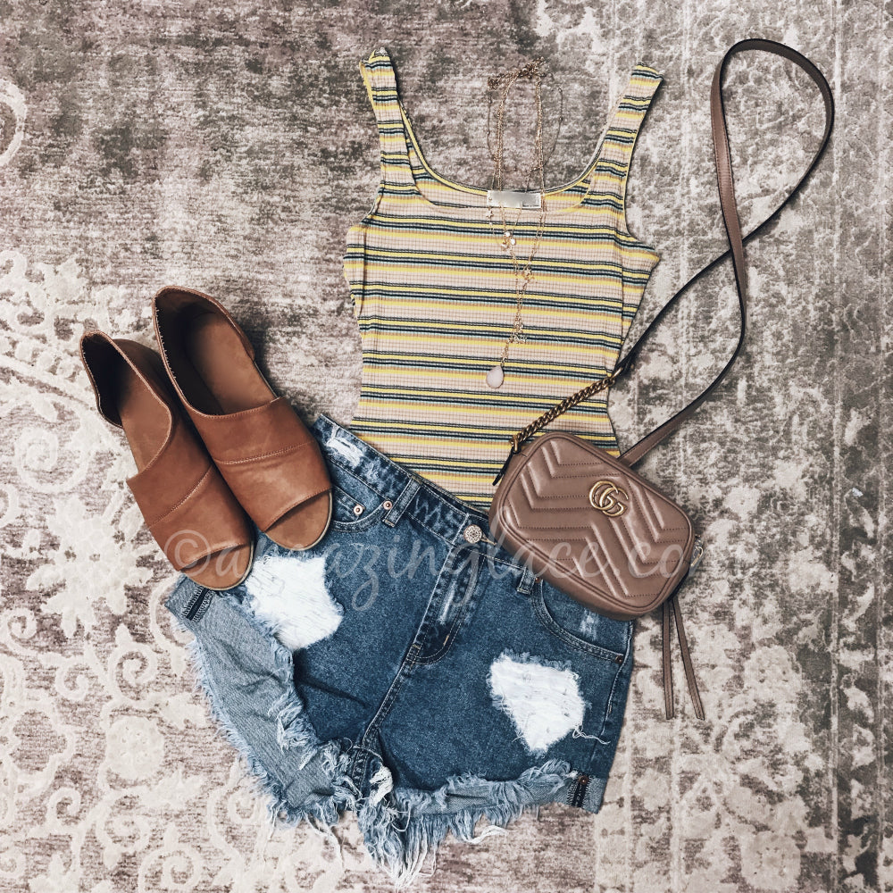 YELLOW STRIPED BODYSUIT SHORTS AND GUCCI BAG OUTFIT