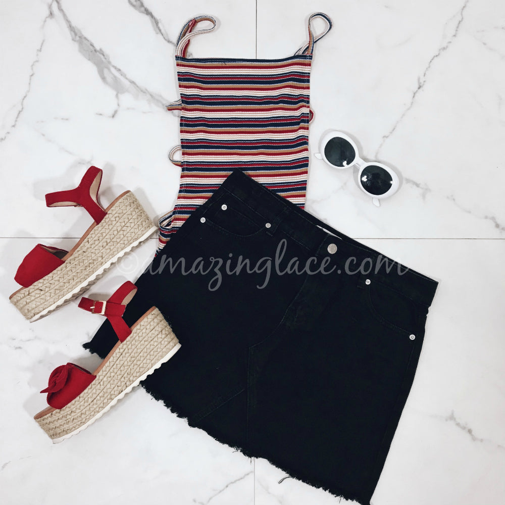 STRIPED BODYSUIT AND BLACK DENIM SKIRT OUTFIT