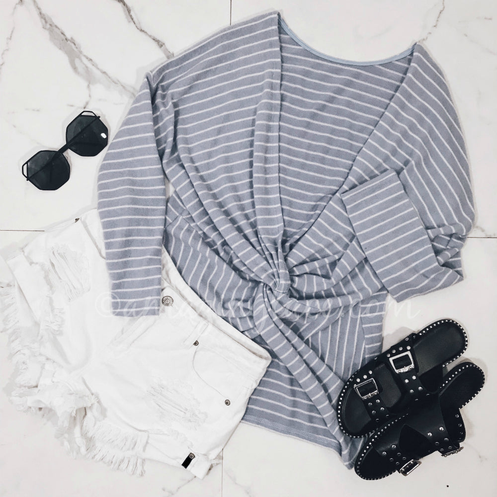 BLUE TWIST BACK SWEATER AND SHORTS OUTFIT