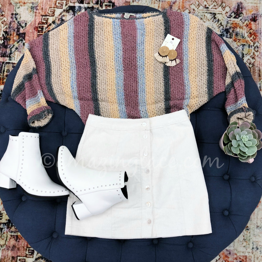 STRIPED SWEATER AND IVORY CORDUROY SKIRT OUTFIT