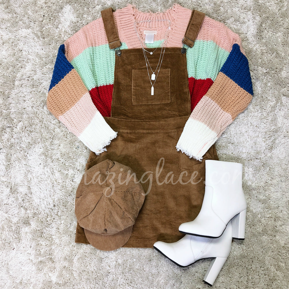 STRIPED RAINBOW SWEATER AND CORDUROY OVERALLS OUTFIT