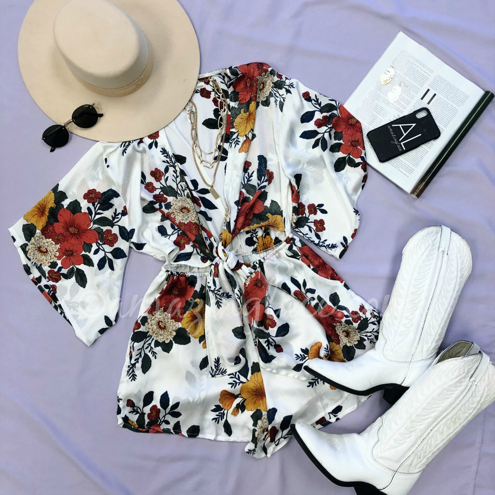 WHITE FLORAL ROMPER AND WHITE VINTAGE BOOTS OUTFIT
