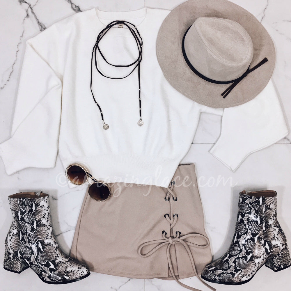 WHITE CROPPED SWEATER AND SAND SKORT OUTFIT