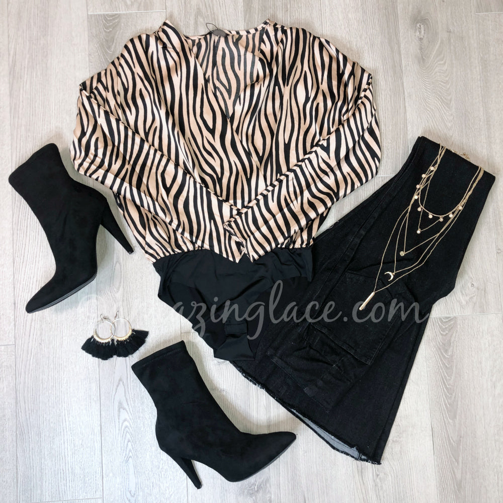 ZEBRA BODYSUIT AND FLARES WITH BLACK BOOTIES OUTFIT