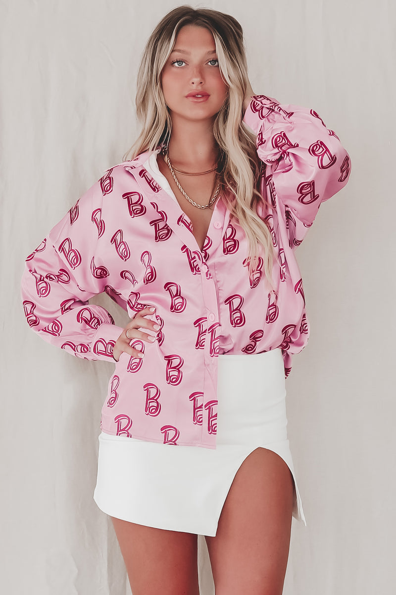 DEAL Pink Is The Uniform Pink Barbie Satin Button Down Amazing Lace
