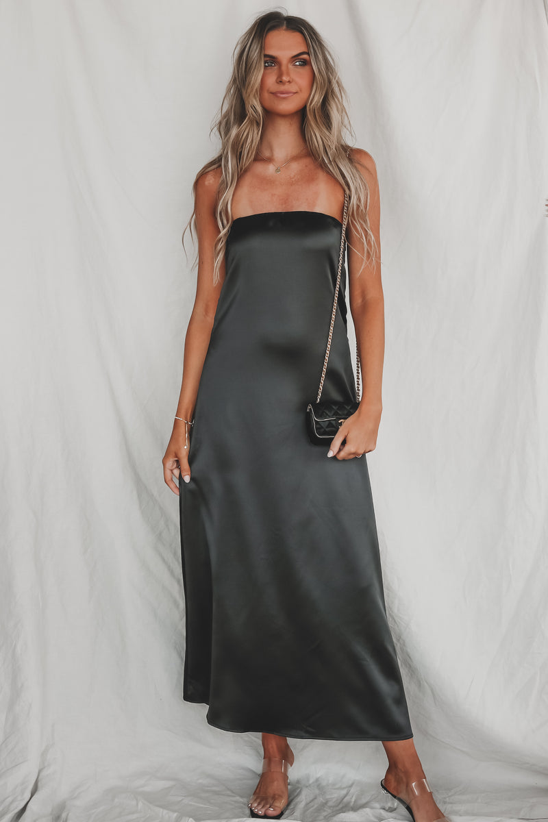Sassy Side Strapless Black Satin Maxi Dress Amazing Lace