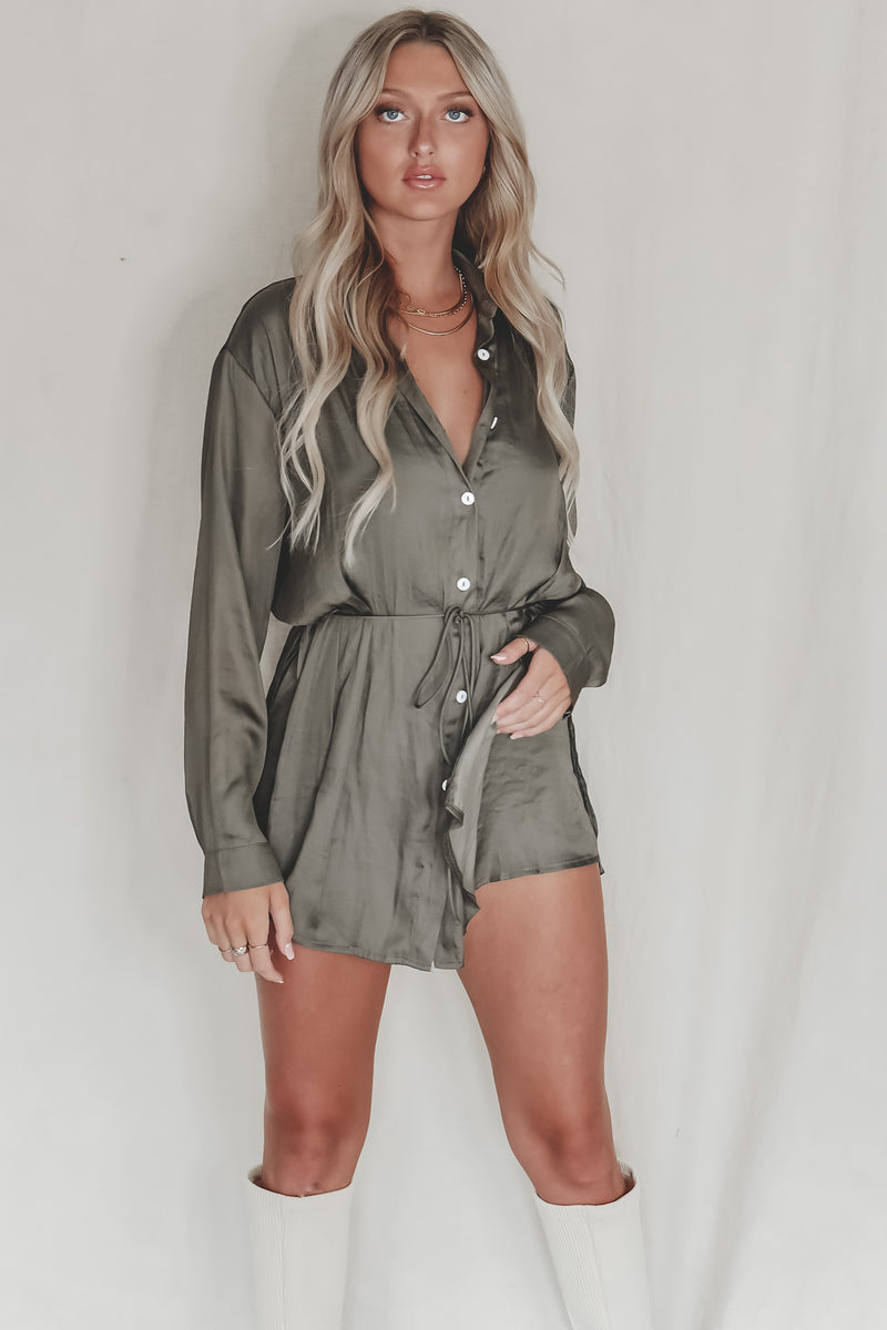 So Here For This Satin Button Up Romper – Amazing Lace