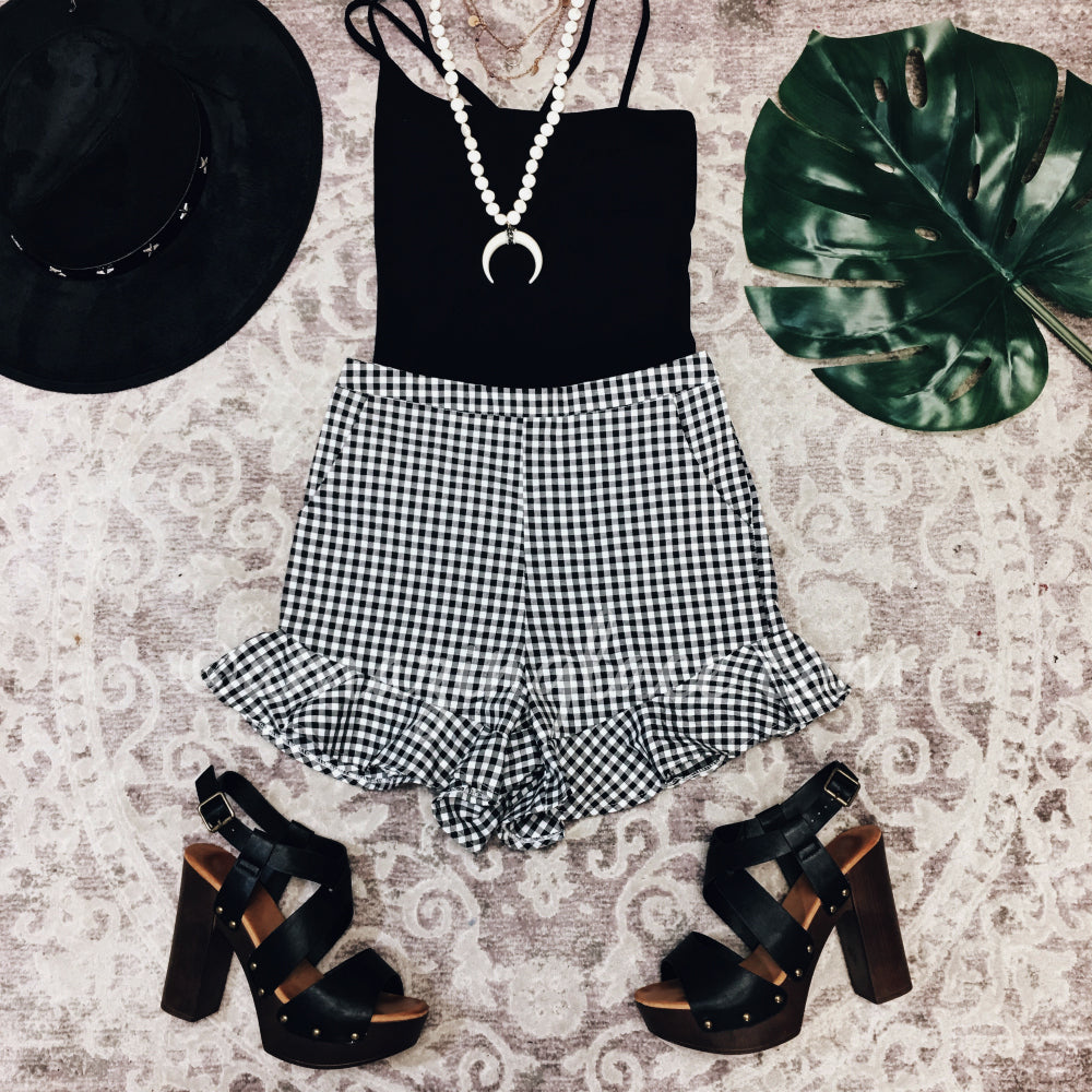 BLACK BODYSUIT AND GINGHAM SHORTS OUTFIT