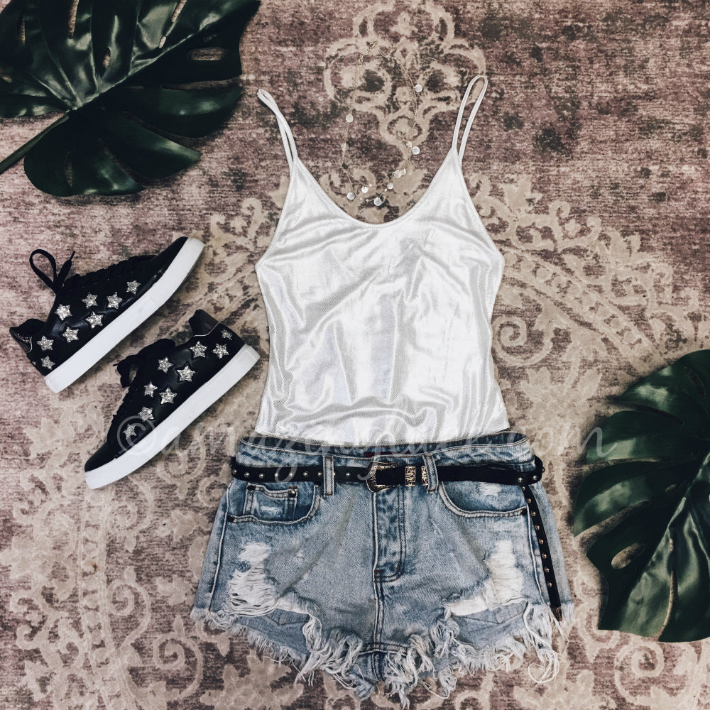 SILVER METALLIC BODYSUIT AND SHORTS OUTFIT
