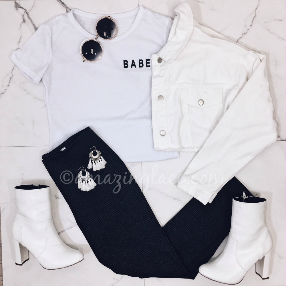 BABE TOP AND DENIM JACKET OUTFIT
