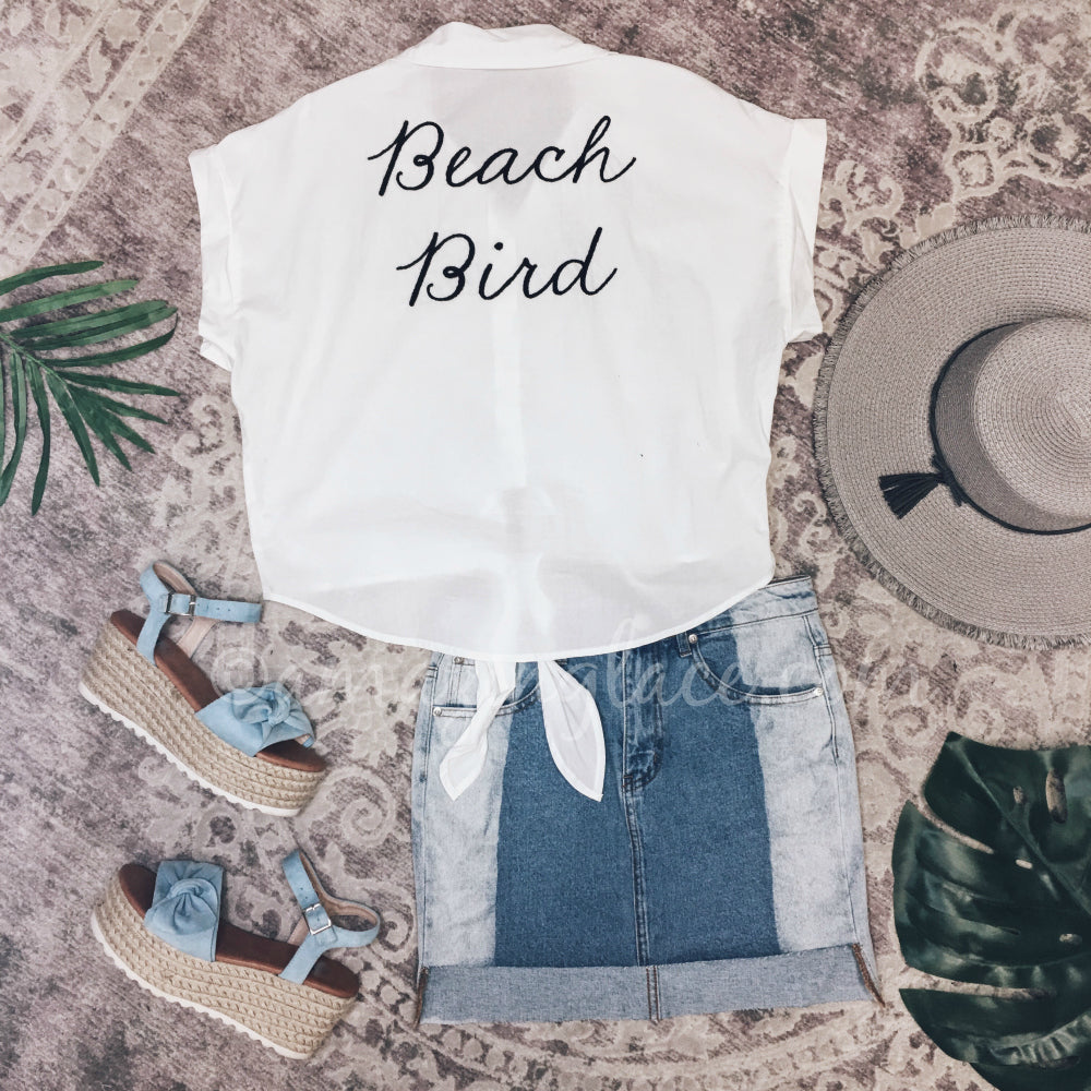 BEACH BIRD TOP AND DENIM SKIRT OUTFIT
