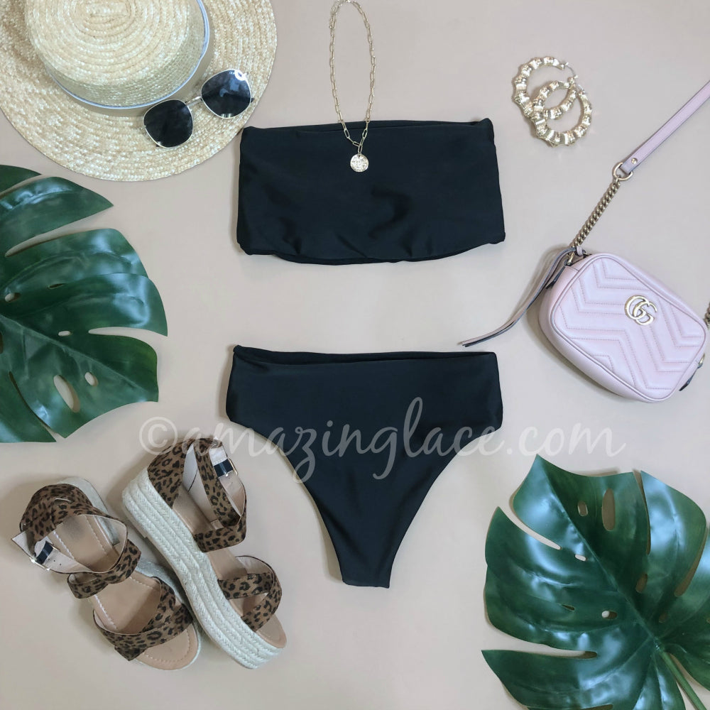 BLACK BANDEAU BIKINI AND LEOPARD ESPADRILLES OUTFIT