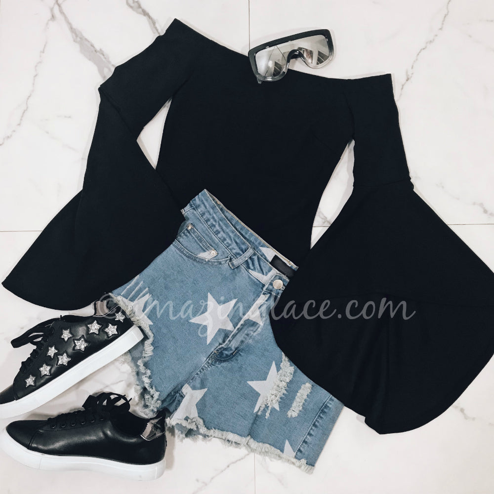 BLACK BELL SLEEVE BODYSUIT AND SHORTS OUTFIT