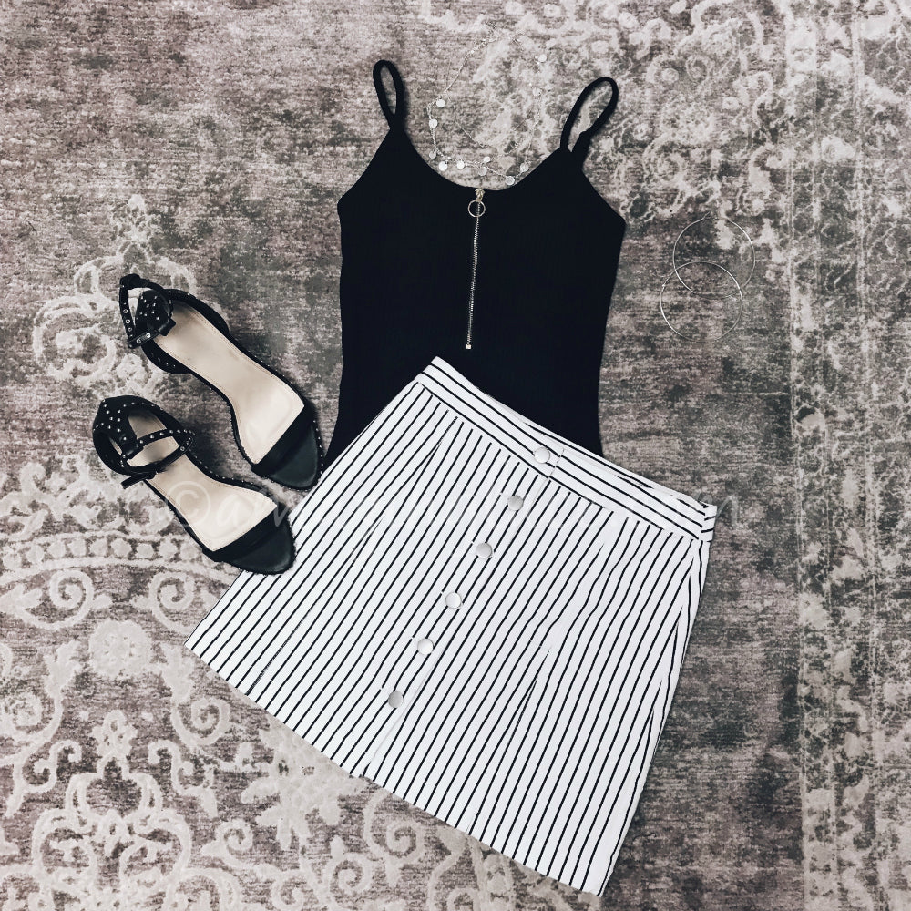 BLACK BODYSUIT AND STRIPED SKIRT OUTFIT