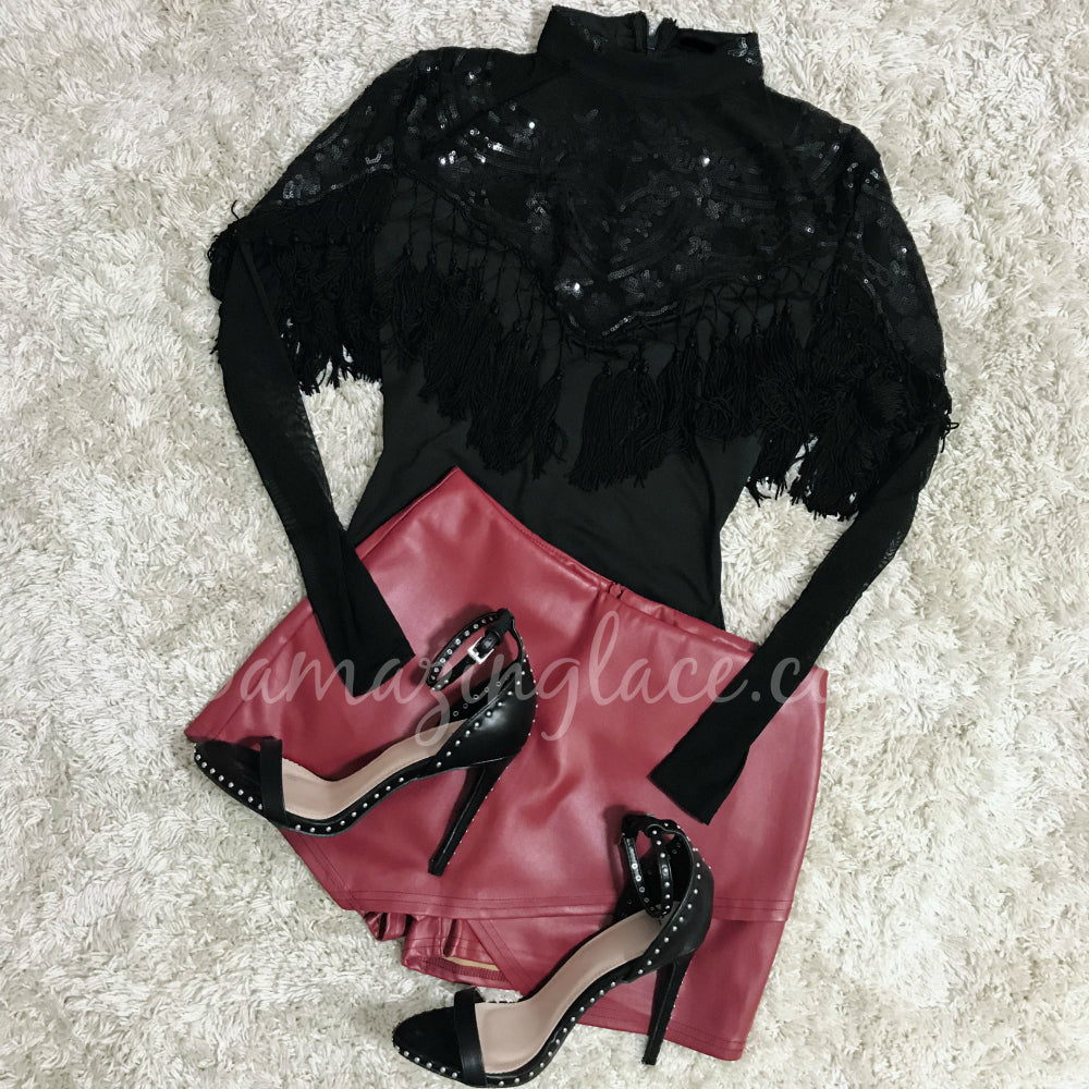 BLACK TASSEL BODYSUIT AND BURGUNDY SKORT OUTFIT