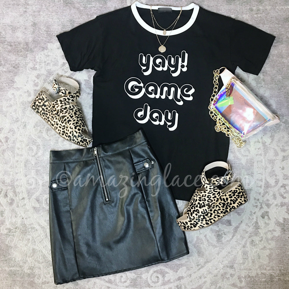 BLACK GAME DAY TEE AND VEGAN LEATHER SKIRT OUTFIT