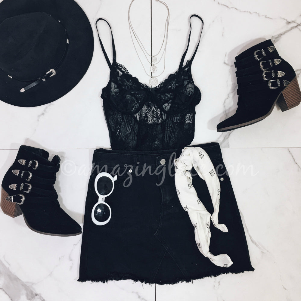 BLACK LACE BODYSUIT AND DENIM SKIRT OUTFIT